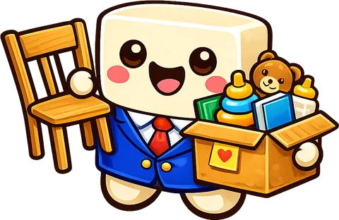 The Shmo Stuff marshmallow carrying a chair and a box